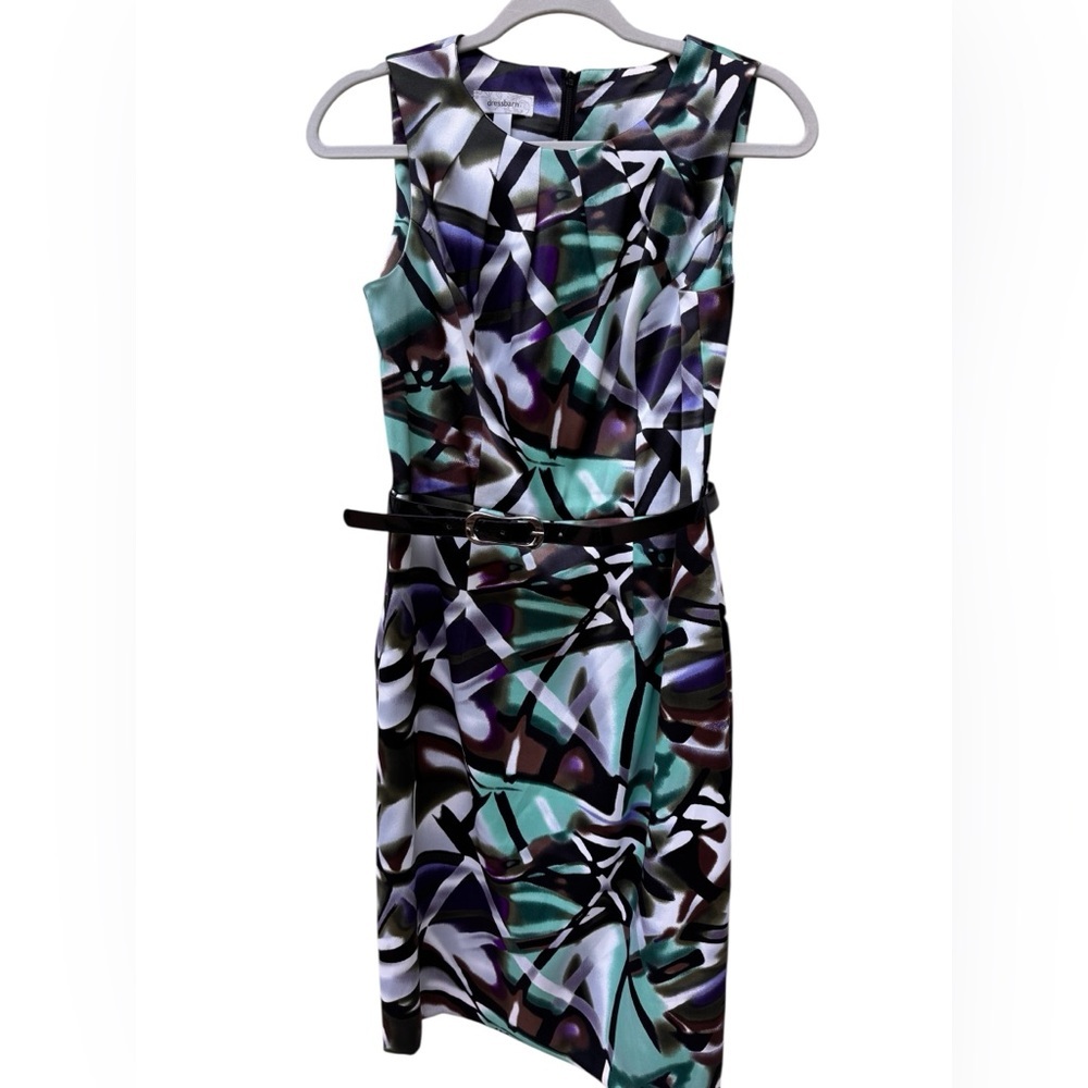 Teal Purple Black Sheath Dress size 4 zip up back w patent leather belt